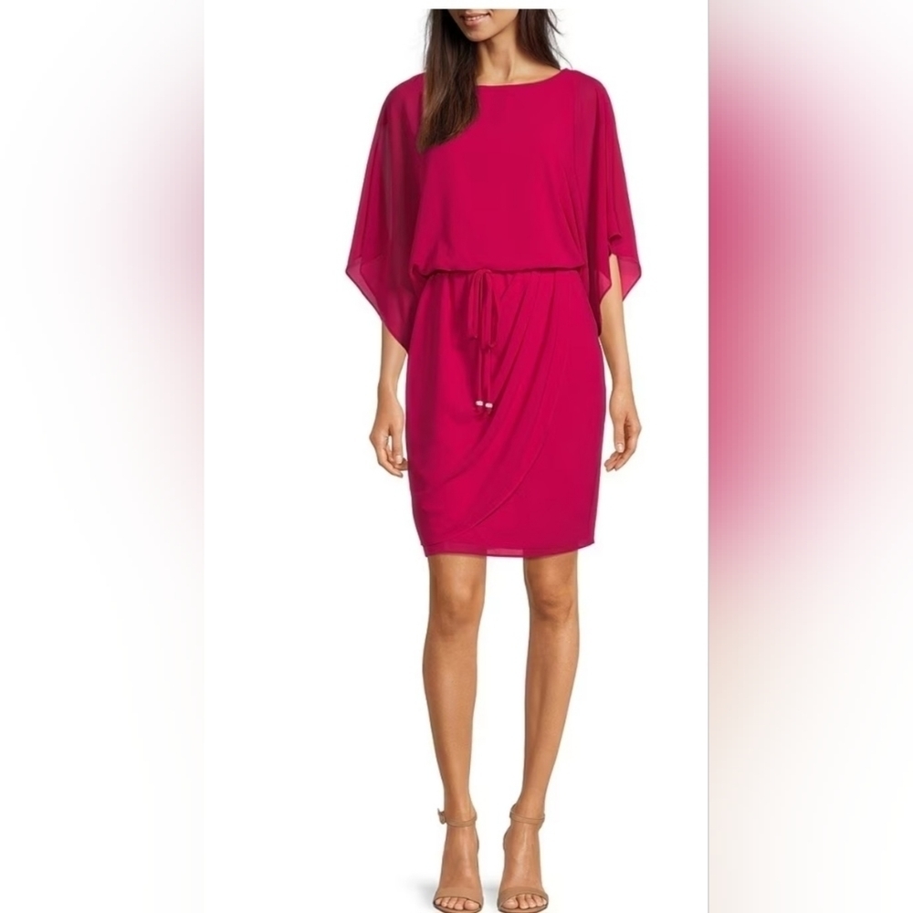 Petite Fuchsia 3/4 Dolman Sleeve Boat Neck Drape Front  Tie Waist Blouson Dress